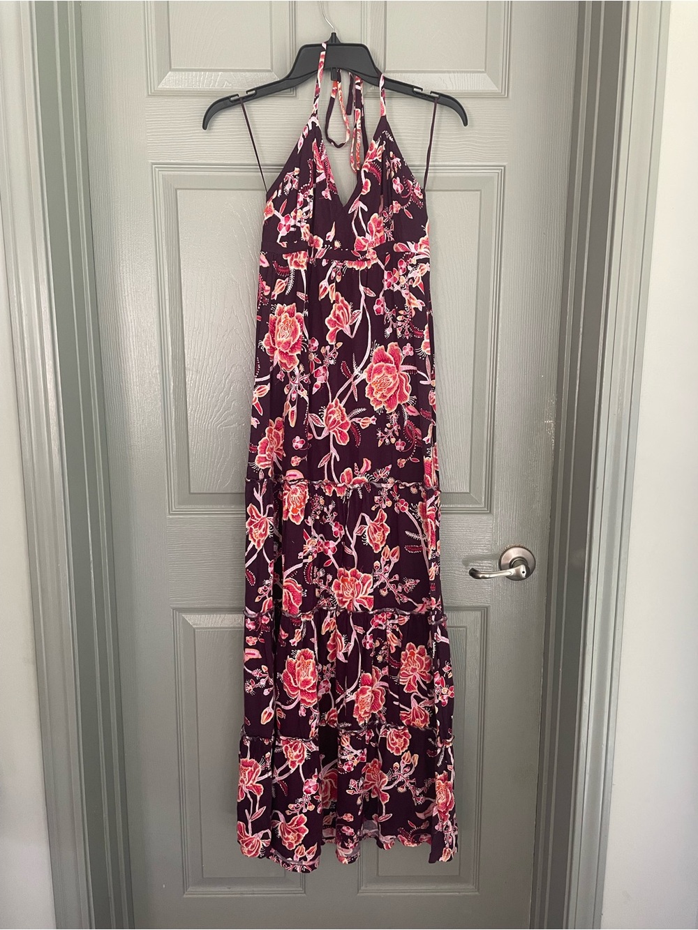 Express Floral Halter Maxi Dress - Pink & Deep Plum